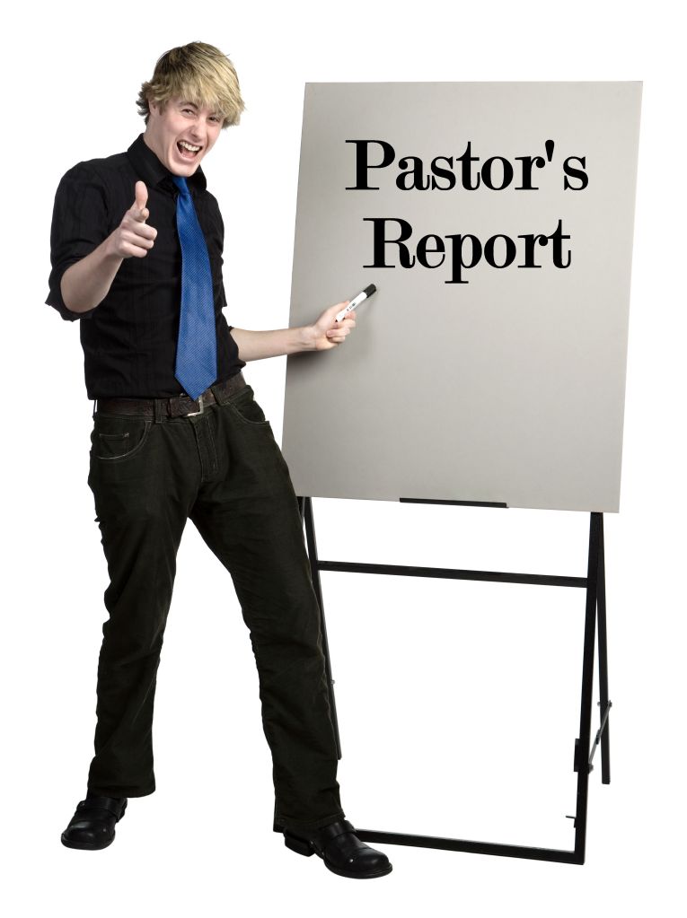 Hipster pointing to a white board that says "Pastor's Report"